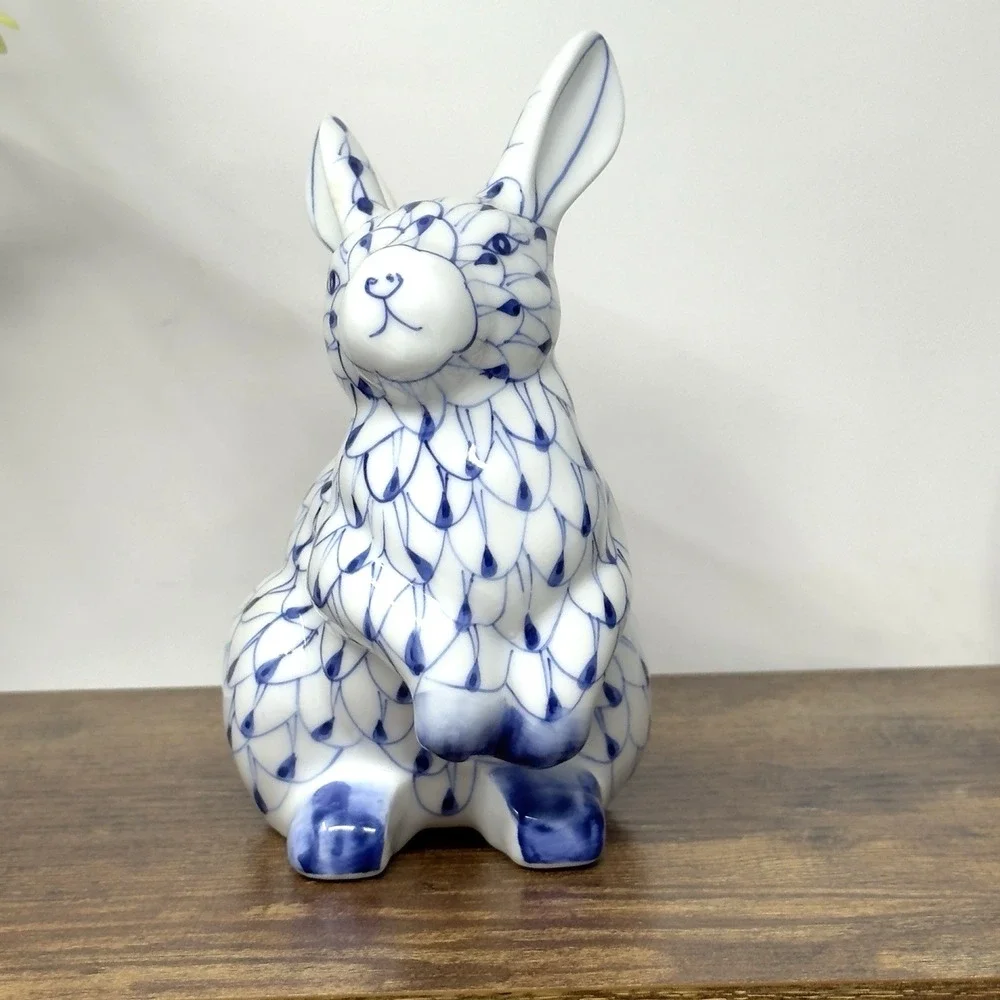 VTG Andrea by Sadek Rabbit Figurine Blue Fishnet Herend Style 5.5